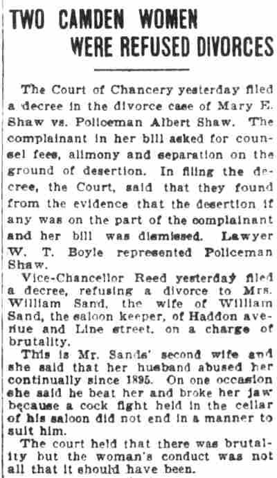 Camden Post-Telegram clipping, July 17, 1902: Two Camden Women Were Refused Divorces
