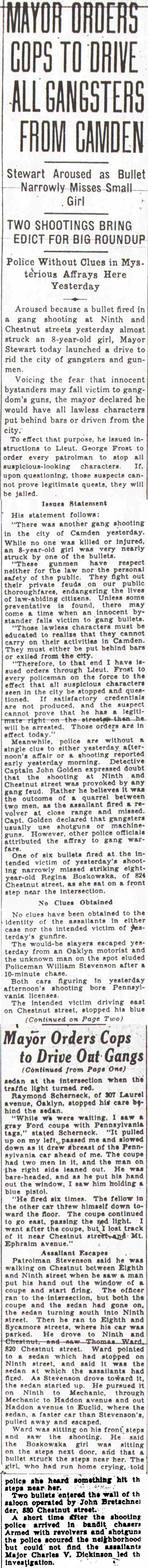 Courier-Post front page and jump, August 14, 1931: Mayor Orders Cops to Drive All Gangsters From Camden