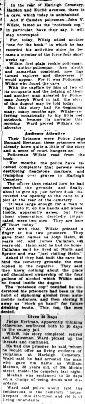 Courier-Post article on the notebook cop's cemetery cave raid, April 3, 1928