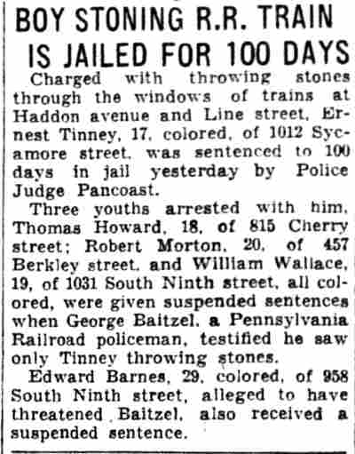 Courier-Post clipping: Boy Stoning R.R. Train Is Jailed for 100 Days, May 7, 1932
