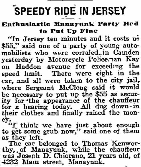 Philadelphia Inquirer clipping headlined Speedy Ride in Jersey, April 1, 1912