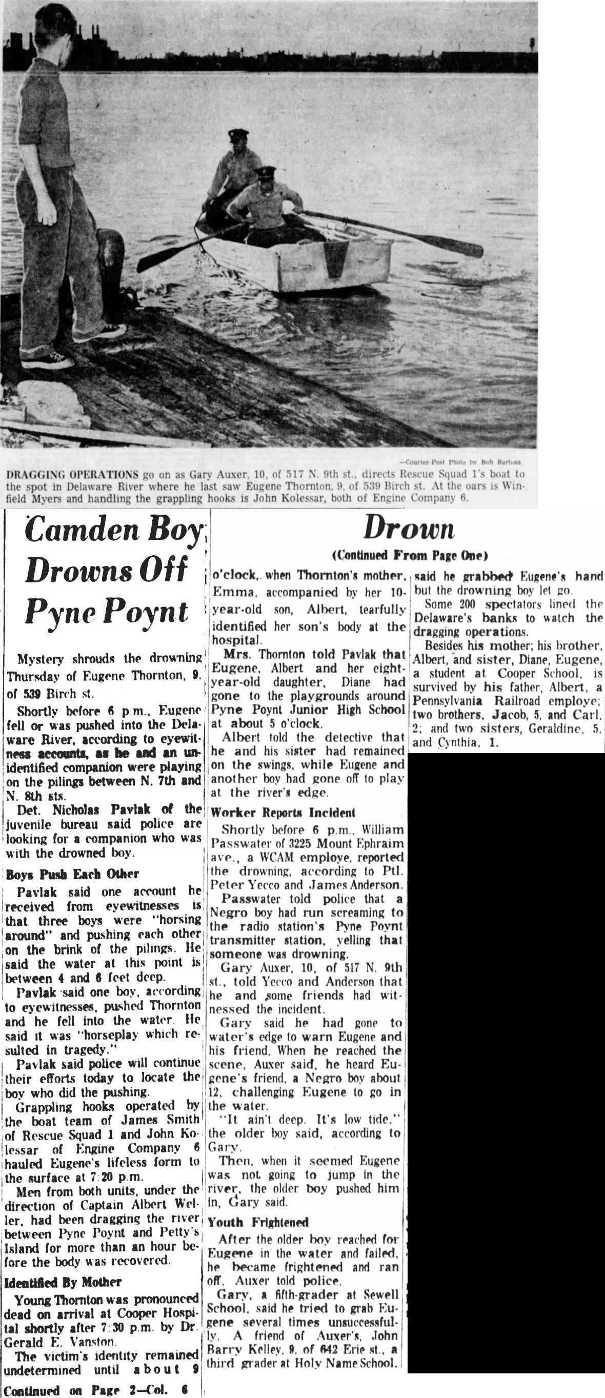 Camden Courier-Post, May 11, 1962: rescue boat dragging the Delaware River for a drowned boy at Pyne Poynt, with the story