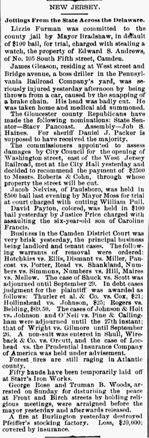 New Jersey column, Philadelphia Inquirer, September 23, 1884