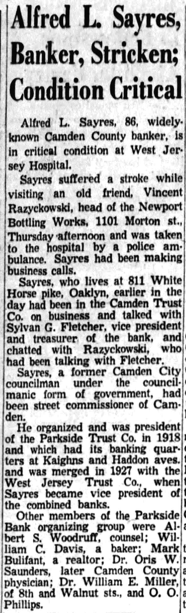 Courier-Post, September 16, 1955: banker Alfred L. Sayres stricken, condition critical