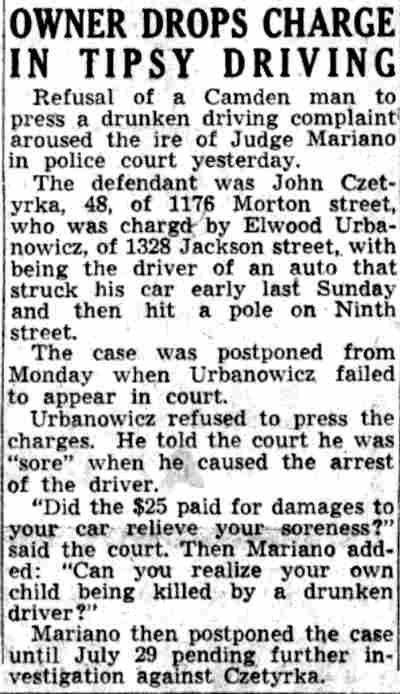 Courier-Post, July 24, 1941: Owner Drops Charge in Tipsy Driving, Judge Mariano rebukes complainant