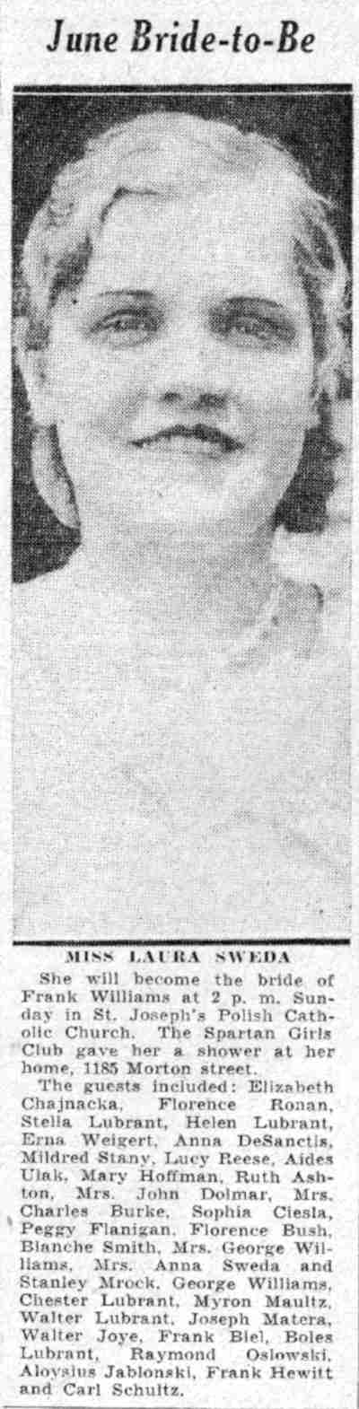 Courier-Post, June 1, 1932: June Bride-to-Be Miss Laura Sweda, shower at her home, 1185 Morton Street