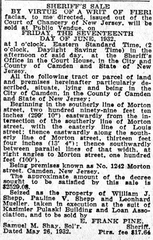 Courier-Post, June 9, 1932: Sheriffs Sale notice for 1242 Morton Street, Camden