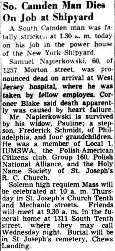 Courier-Post, June 26, 1950: So. Camden Man Dies On Job at Shipyard, Samuel Napierkowski of 1257 Morton Street