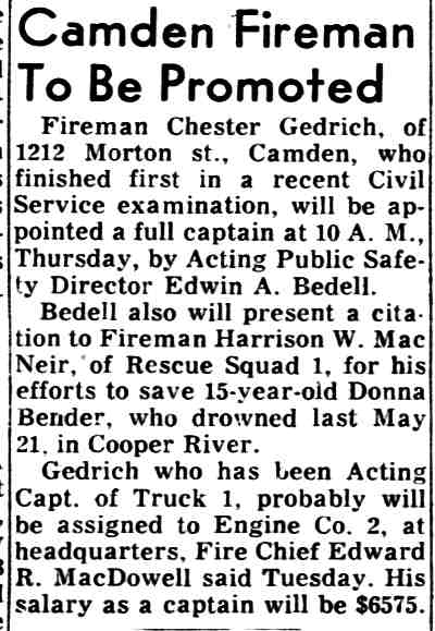 Courier-Post, June 20, 1962: Camden Fireman To Be Promoted, Chester Gedrich of 1212 Morton Street named captain