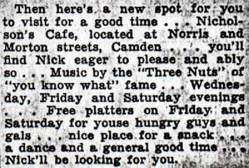 Courier-Post column, October 10, 1936: Making the Rounds item promoting Nicholsons Cafe at Norris and Morton Streets