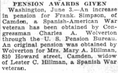 Pension Awards Given, Camden Courier-Post, June 4, 1932, on a pension for Mrs. Mary A. Hillman of 810 Howard Street.