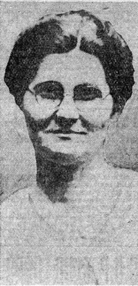 Halftone newspaper portrait of an older woman with glasses and parted hair.