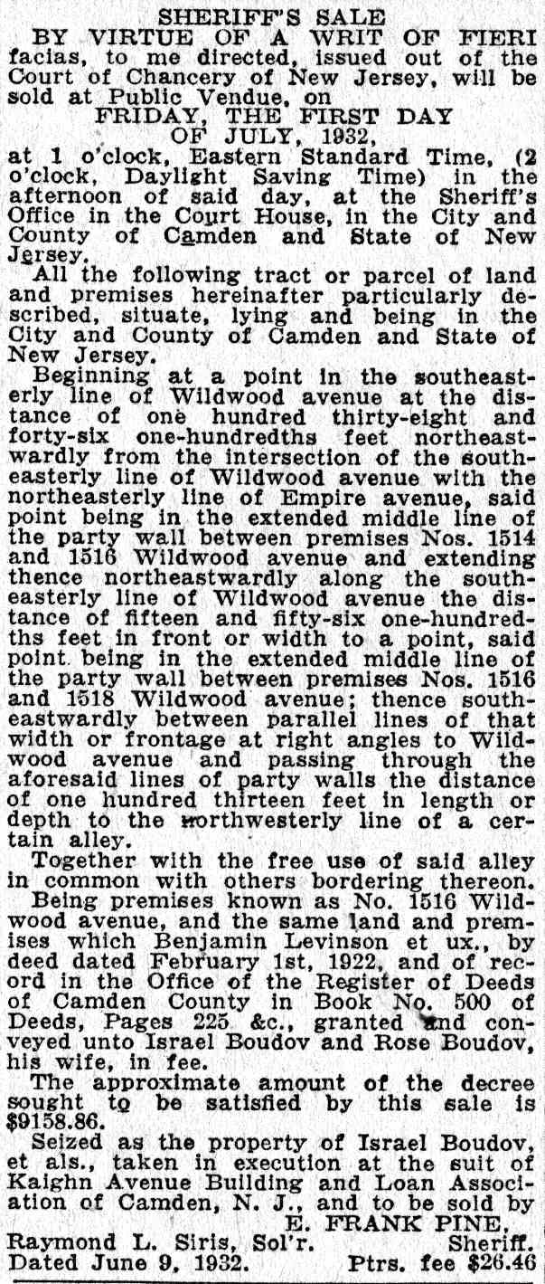 Courier-Post clipping, Sheriff's Sale of 1516 Wildwood Avenue