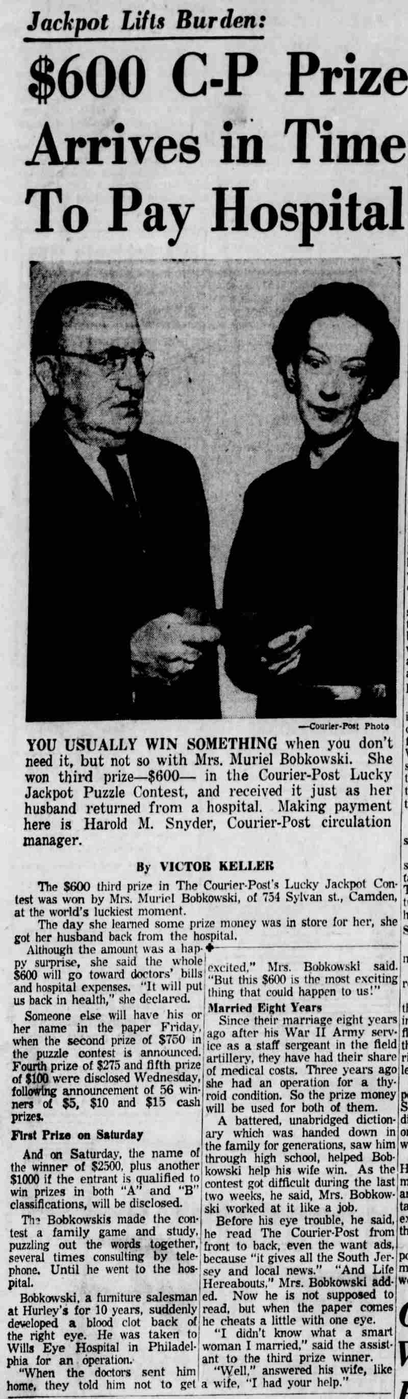 Courier-Post clipping, Jackpot Lifts Burden, Mrs. Muriel Bobkowski, 1955