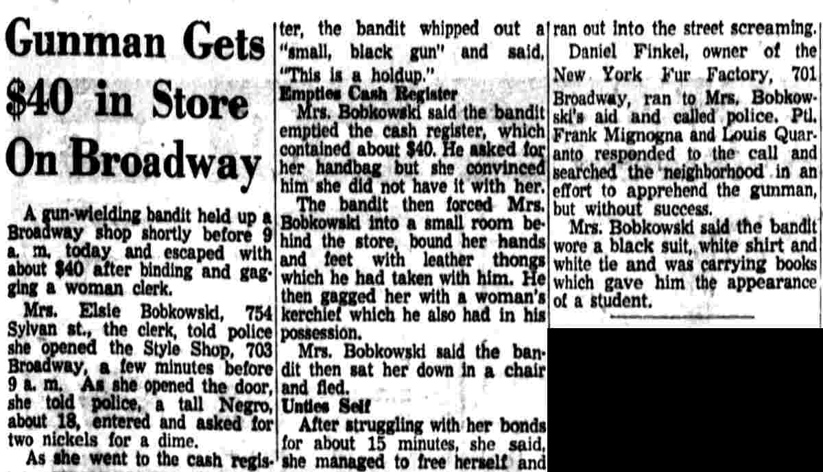 Courier-Post clipping, Gunman Gets $40 in Store On Broadway, 1957