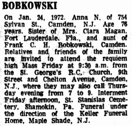 Courier-Post death notice for Anna N. Bobkowski, 1972