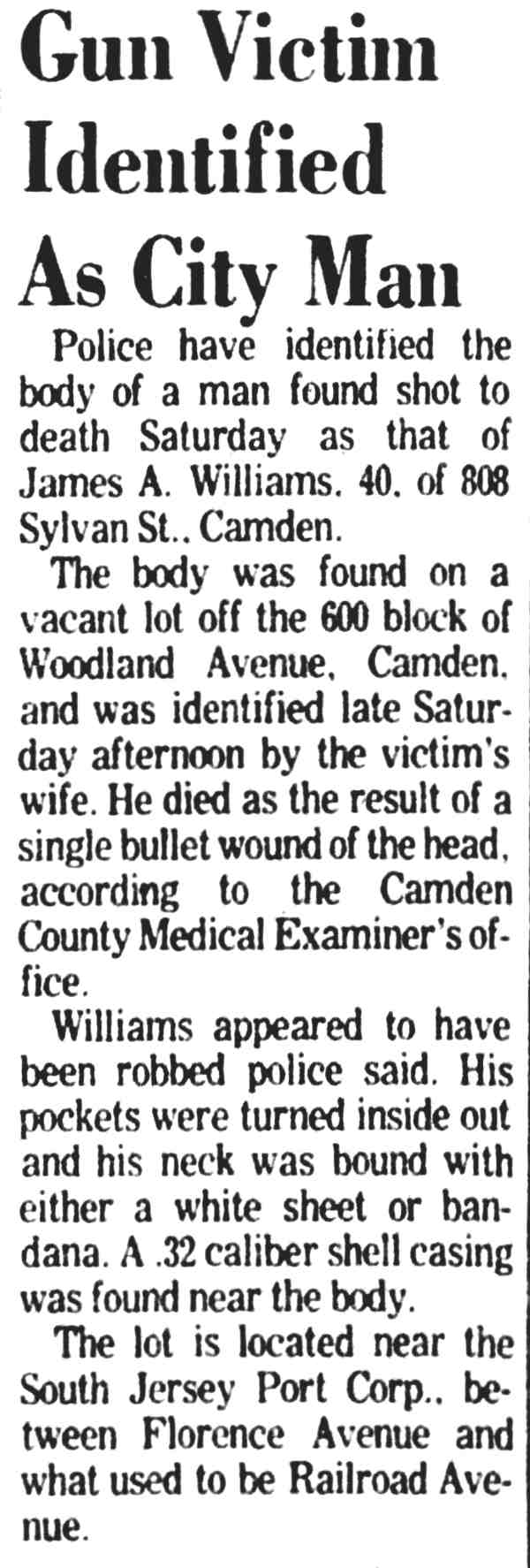 Courier-Post clipping, Gun Victim Identified As City Man, 1974