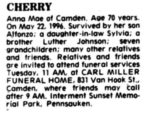 Courier-Post death notice for Anna Mae Cherry, 1996