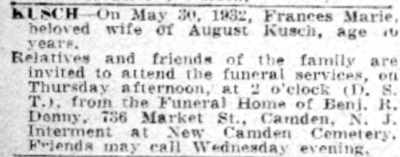 Courier-Post death notice for Frances Marie Kusch, 1932