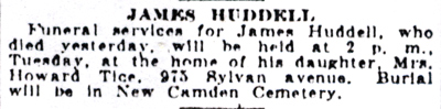 Courier-Post funeral notice for James Huddell, 1930