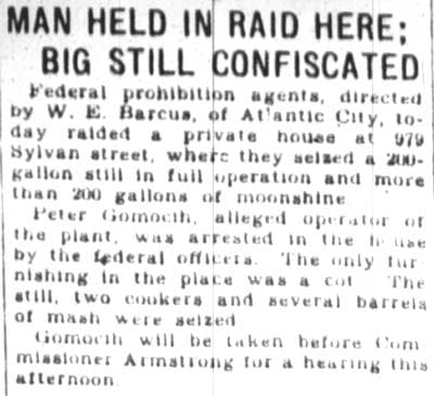 Courier-Post clipping, Man Held in Raid Here; Big Still Confiscated, 1928