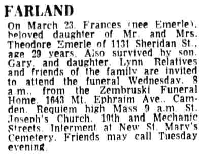 Courier-Post death notice for Frances Farland