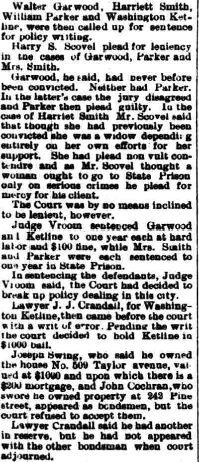 Camden Post, May 24, 1895: report on the sentencing of policy dealers including Harriet Smith.