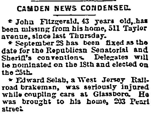 Camden News Condensed column, Philadelphia Inquirer, August 30, 1893, three short local items.