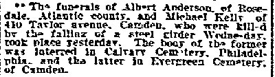 Item on the funerals of Albert Anderson and Michael Kelly, killed by a falling steel girder, Philadelphia Inquirer, January 27, 1907.