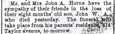 Sympathy notice for Mr. and Mrs. John A. Horne on the death of their infant son, Camden Daily Courier, October 23, 1894.