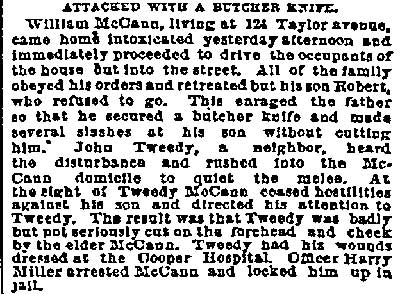 Attacked With a Butcher Knife, Philadelphia Inquirer, November 12, 1889, about William McCann of 124 Taylor Avenue.