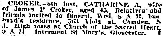 Death notice of Catharine A. Croker, wife of James P. Croker, Philadelphia Inquirer, December 10, 1912.