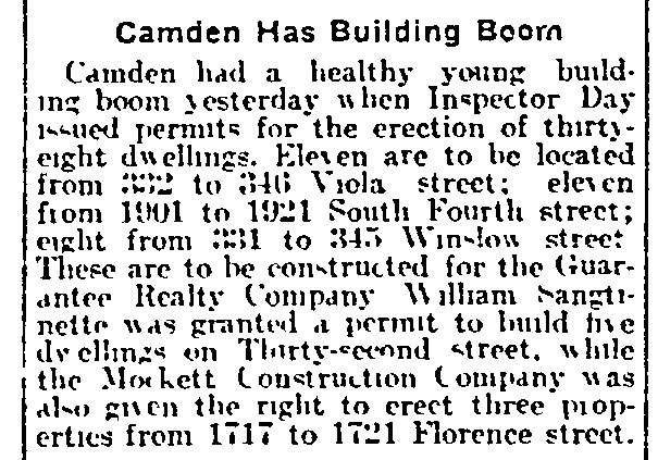 Camden Has Building Boom, Philadelphia Inquirer, March 26, 1915.