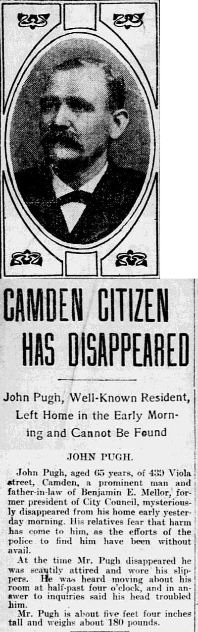 Camden Citizen Has Disappeared, Philadelphia Inquirer, October 19, 1902, with portrait of John Pugh.