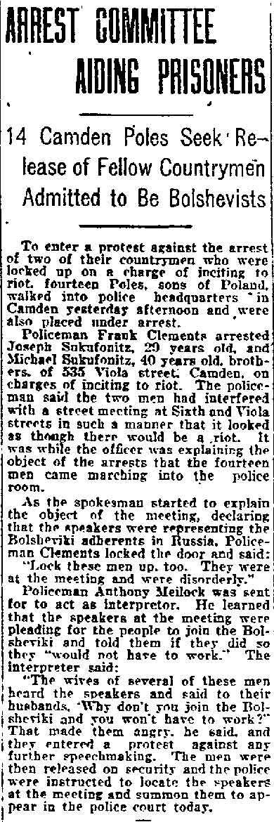 Arrest Committee Aiding Prisoners, Philadelphia Inquirer, August 23, 1920.