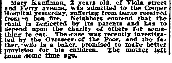 Child neglected and injured by fire, Philadelphia Inquirer, September 11, 1898.