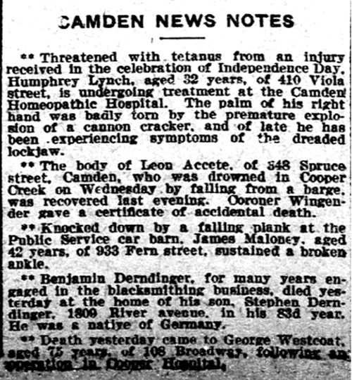 Camden News Notes, Philadelphia Inquirer, August 7, 1909.