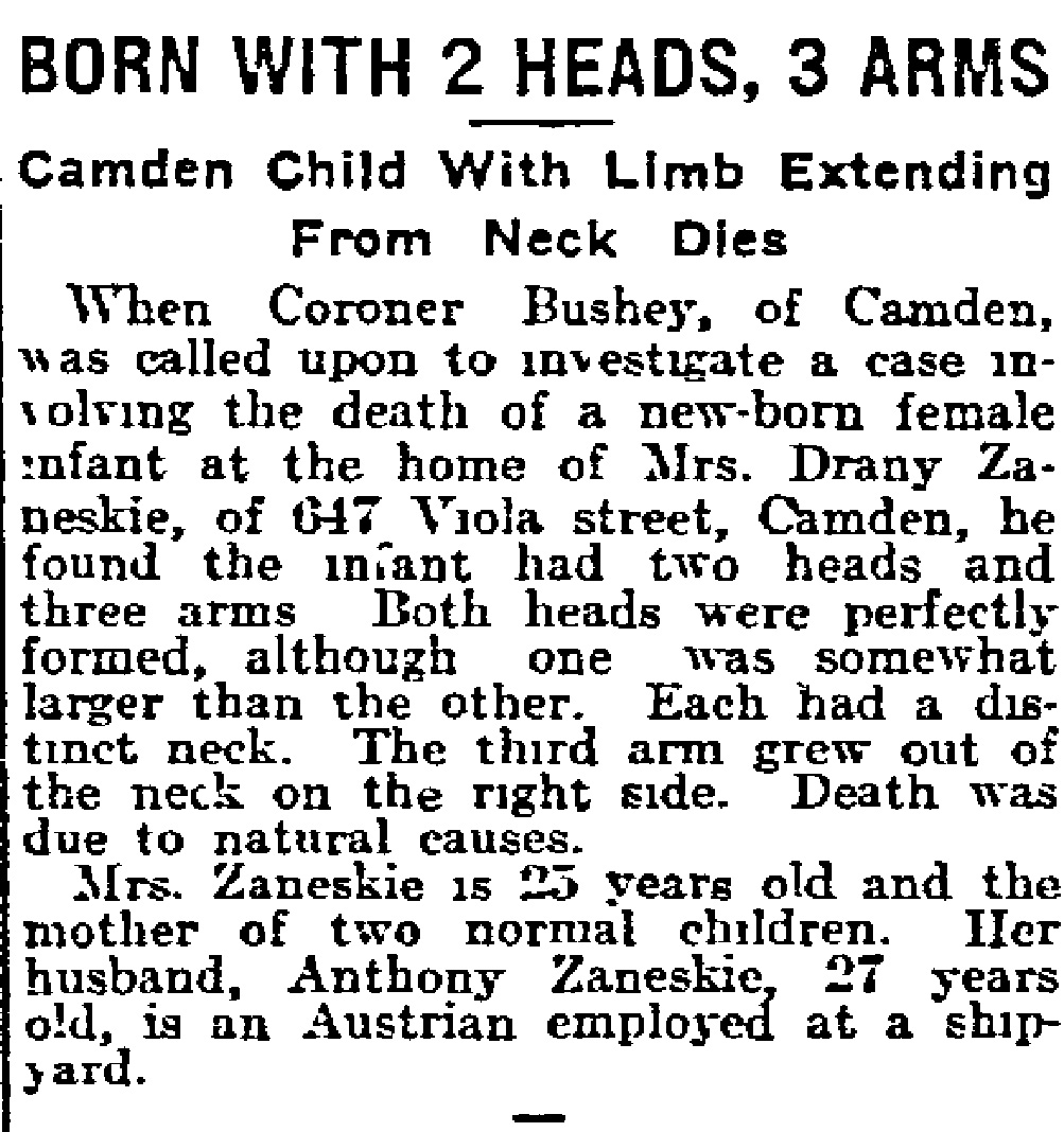 Born With 2 Heads, 3 Arms, Philadelphia Inquirer, November 9, 1915.