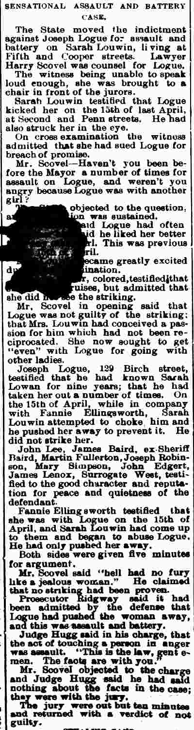 Camden Post, June 3, 1891: Sensational Assault and Battery Case, Joseph Logue trial