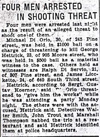 Newspaper clipping, "Four Men Arrested in Shooting Threat," Camden Courier-Post, October 11, 1933