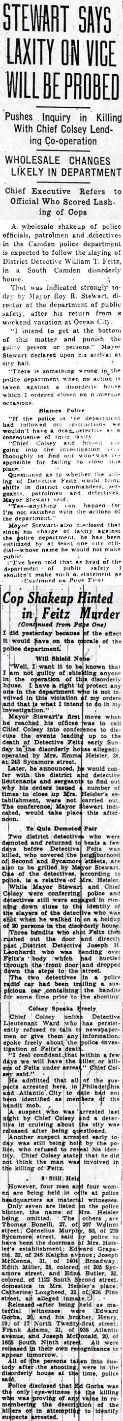 Camden Evening Courier clipping, September 4, 1934: Stewart Says Laxity on Vice Will Be Probed