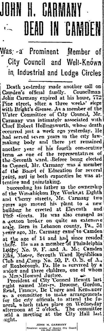 Philadelphia Inquirer clipping, December 17, 1910: John H. Carmany Dead in Camden