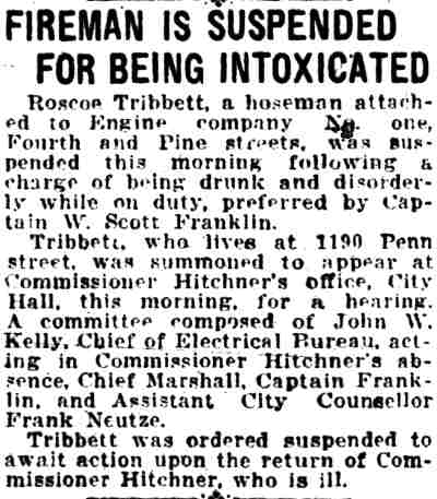 Newspaper clipping headlined Fireman Is Suspended for Being Intoxicated, Camden Daily Courier, July 8, 1924