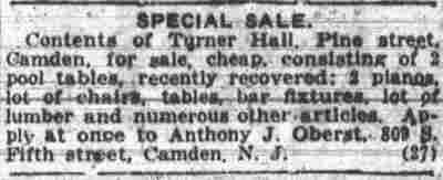 Special Sale classified notice for the contents of Turner Hall, Camden Post-Telegram, August 21, 1918