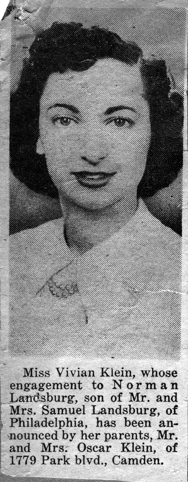 Newspaper portrait of Miss Vivian Klein with a cutline announcing her engagement to Norman Landsburg.