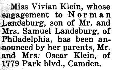 Cutline text announcing Vivian Klein's engagement to Norman Landsburg, Philadelphia Inquirer, 1950.