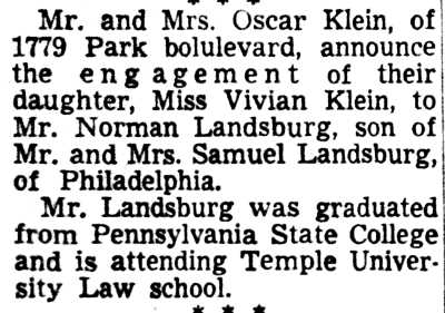 Engagement announcement for Vivian Klein and Norman Landsburg, Camden Courier-Post, March 24, 1950.