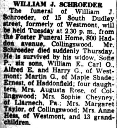 Obituary notice for William J. Schroeder of 15 South Dudley Street, Courier-Post, January 1, 1944