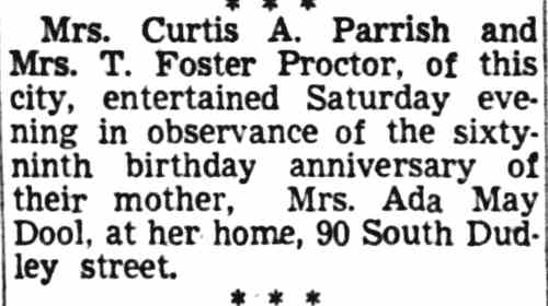 Society item on a birthday party for Mrs. Ada May Dool at 90 South Dudley Street, Courier-Post, November 9, 1949