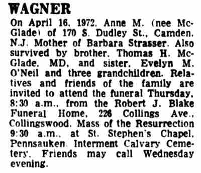 Death notice for Anne M. Wagner of 170 S. Dudley St., Courier-Post, April 19, 1972